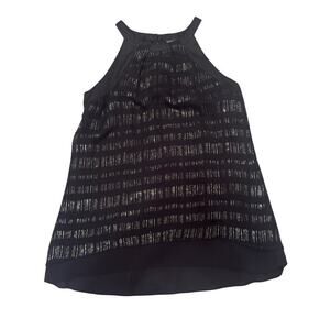 White House Black Market Silk Black Silver Gold Halter Top Blouse Hi Lo Hem 10